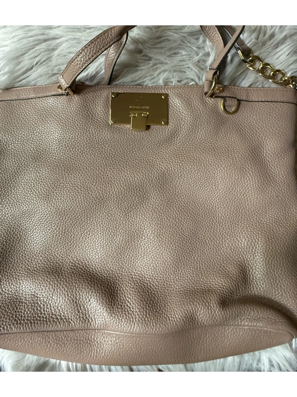 Michael Kors Tan Pebbled Leather Shoulder Tote with Gold Hardware